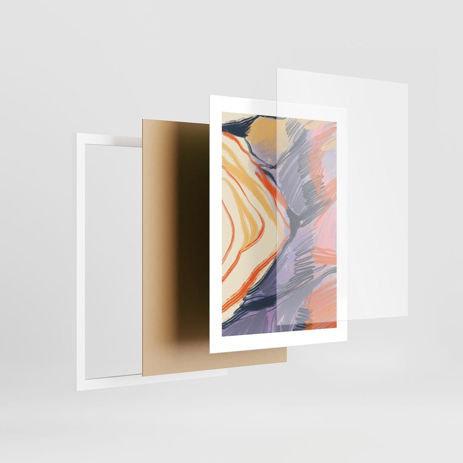 Plakat w ramie 30x40 - Pokreślony Świat - abstrakcyjne formy, odcienie pomarańczu i fioletu - rama biała