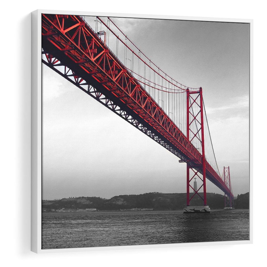 Obraz w ramie 50x50 - Majestatyczny Most - czarno biała fotografia, czerwony stalowy most nad rzeką - rama biała