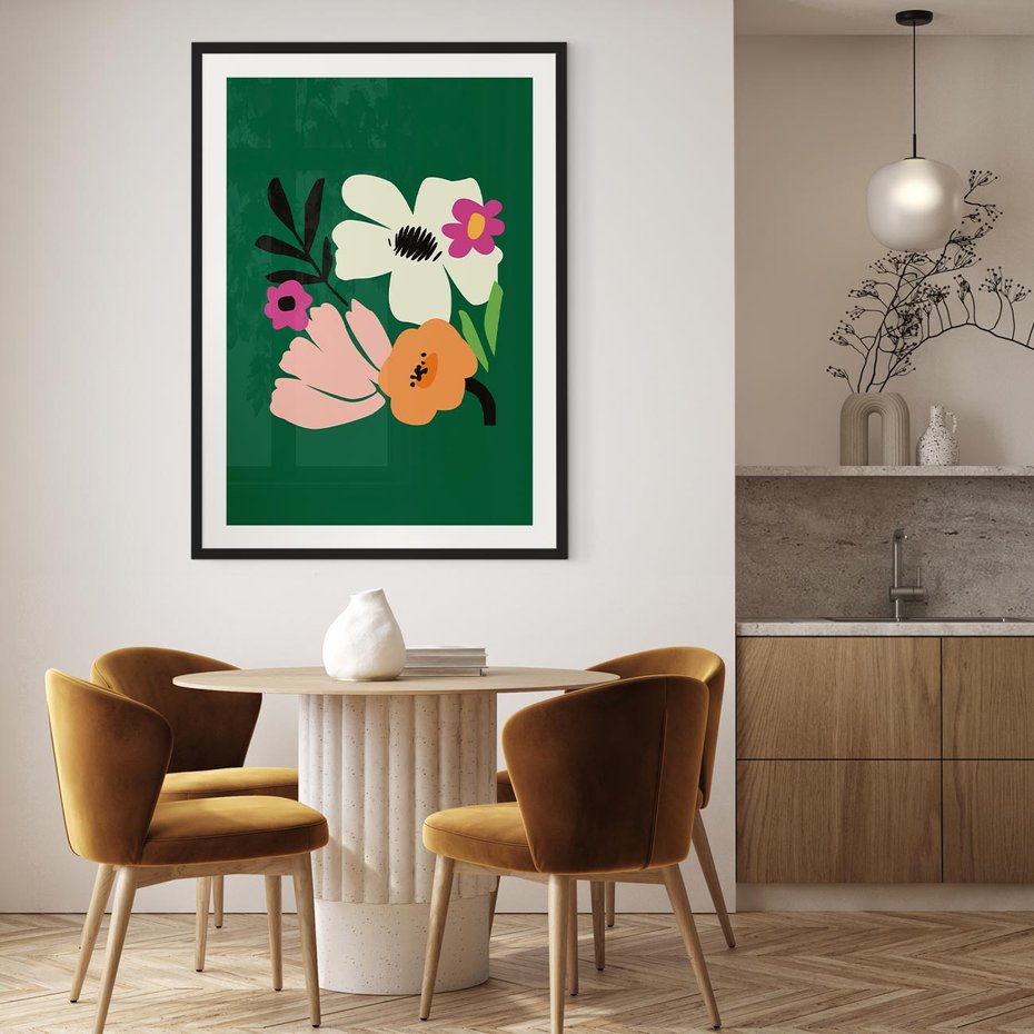 Plakat w ramie 50x70 - Rozbijające Echa - abstrakcyjne kwiaty, zielone tło - rama czarna