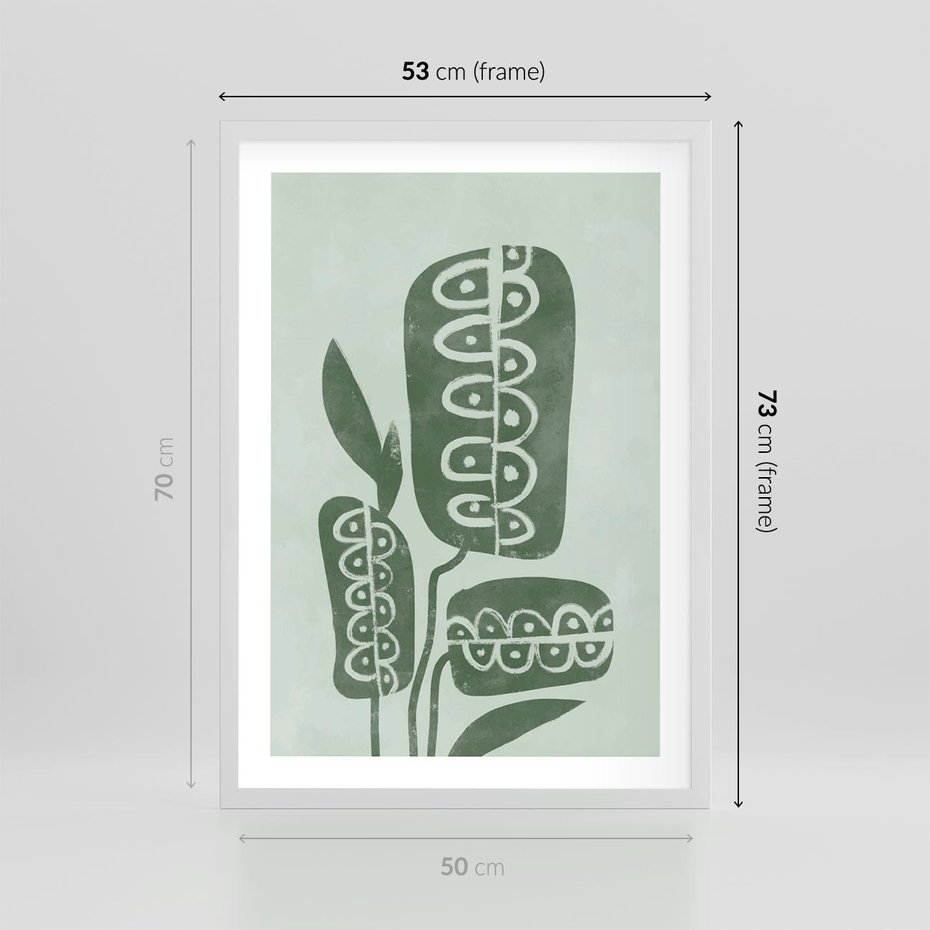 Plakat w ramie 50x70 - Nurtująca Zieleń - abstrakcyjny zielony motyw, skandynawski design - rama biała