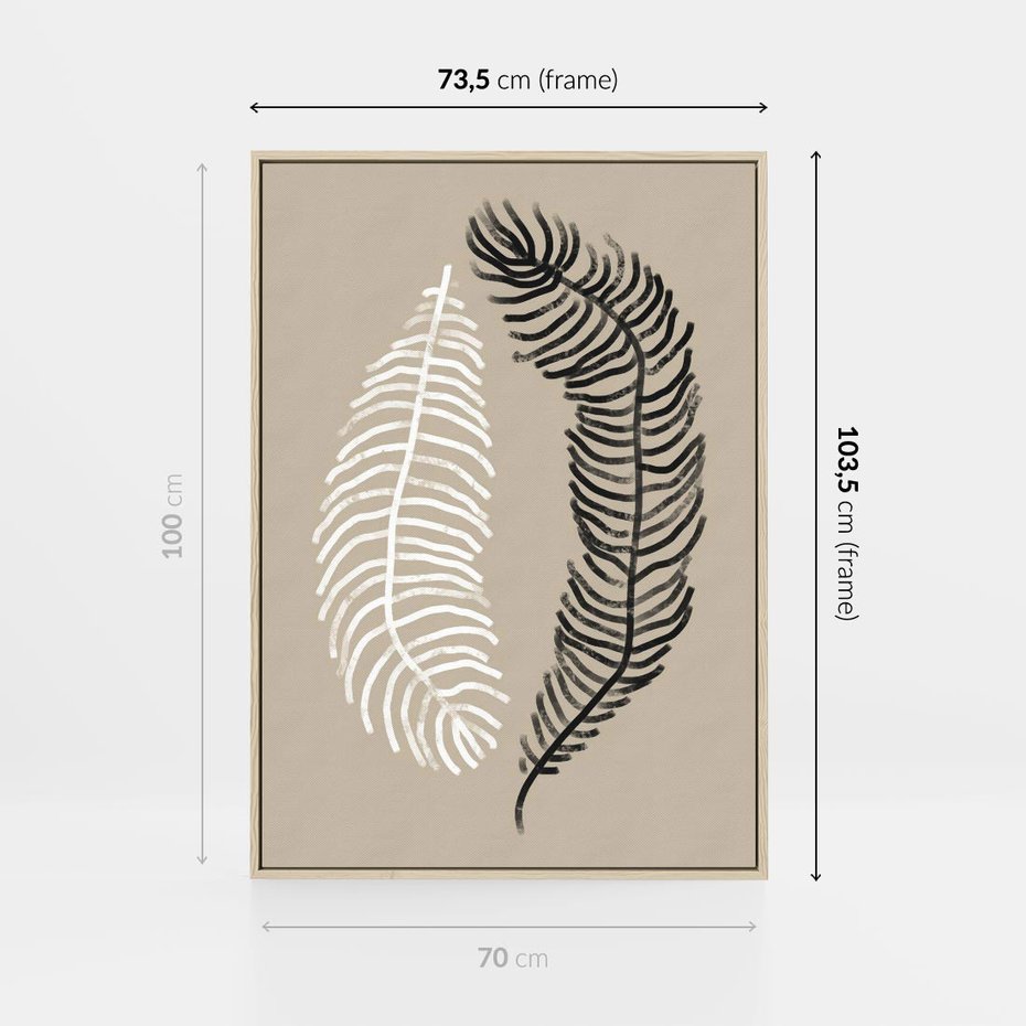 Obraz w ramie 70x100 - Spleciona Harmonia - sztuka nowoczesna, białe i czarne pióro - rama drewno