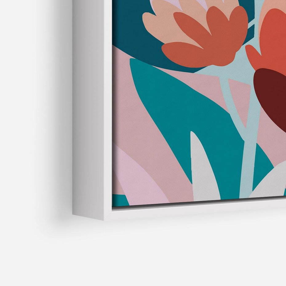 Obraz w ramie 50x50 - Symfonia Kwiatów - abstrakcyjna kompozycja kwiatowych form, kolor zgaszone - rama biała