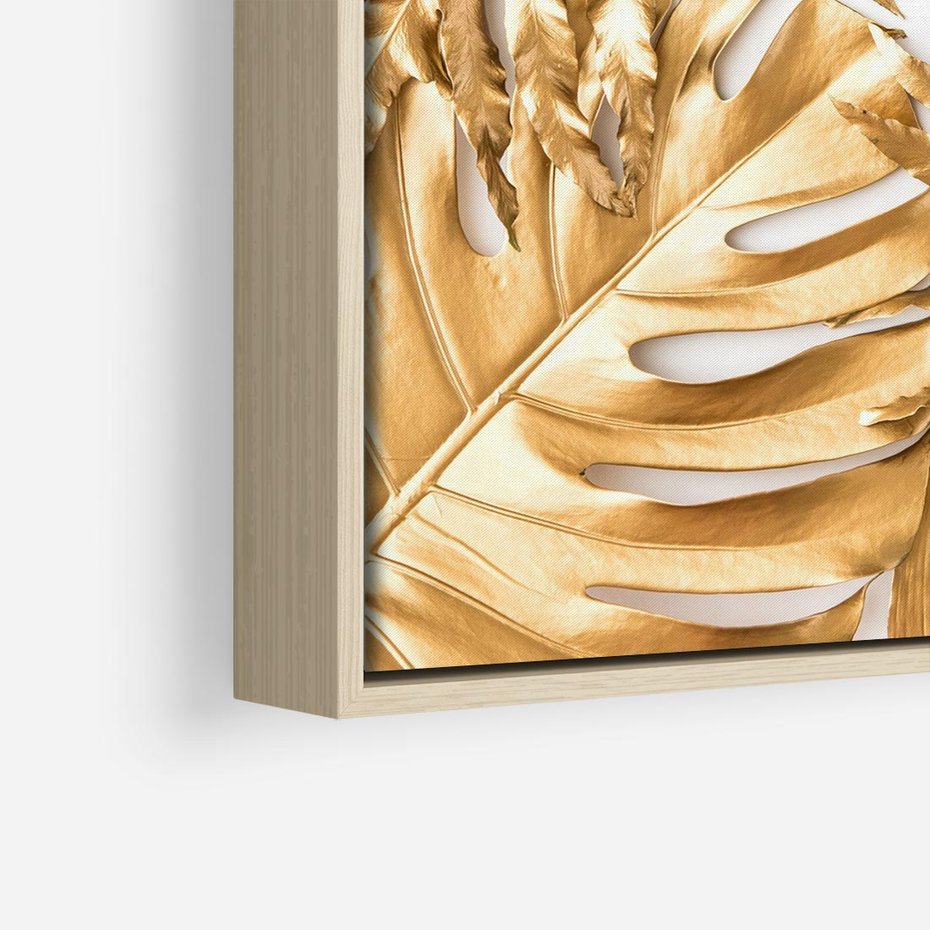 Obraz w ramie 80x80 - Monstera Złote Liście - monstera, złote - rama drewno