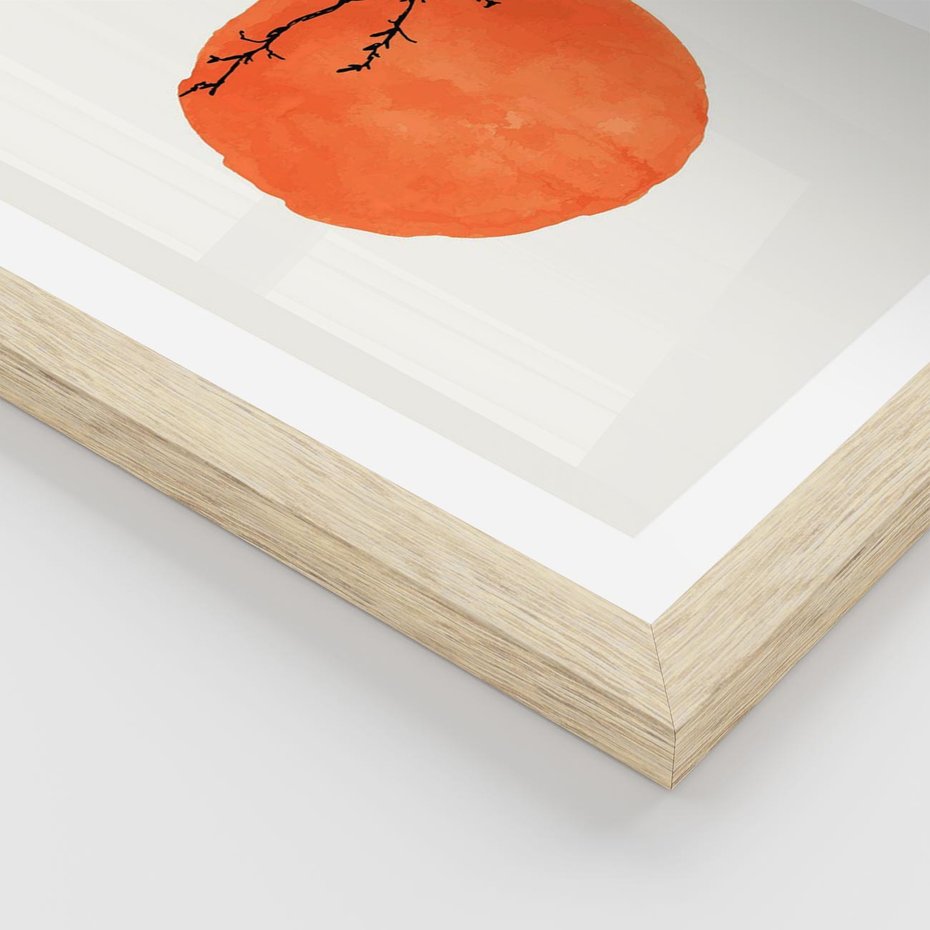 Plakat w ramie 30x40 - Słońce i Gałązka - pomarańczowe słońce, gałązka - rama drewno