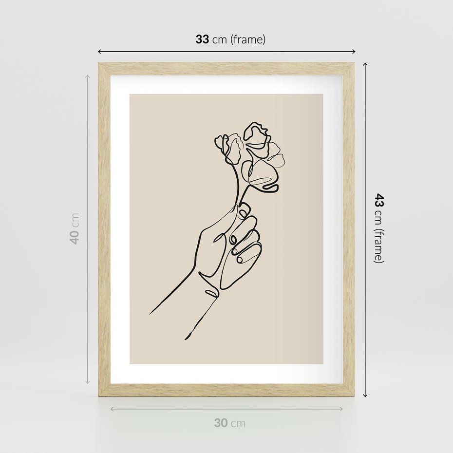 Plakat w ramie 30x40 - Szkic Kwiatu - kwiat w dłoni, szkic - rama drewno