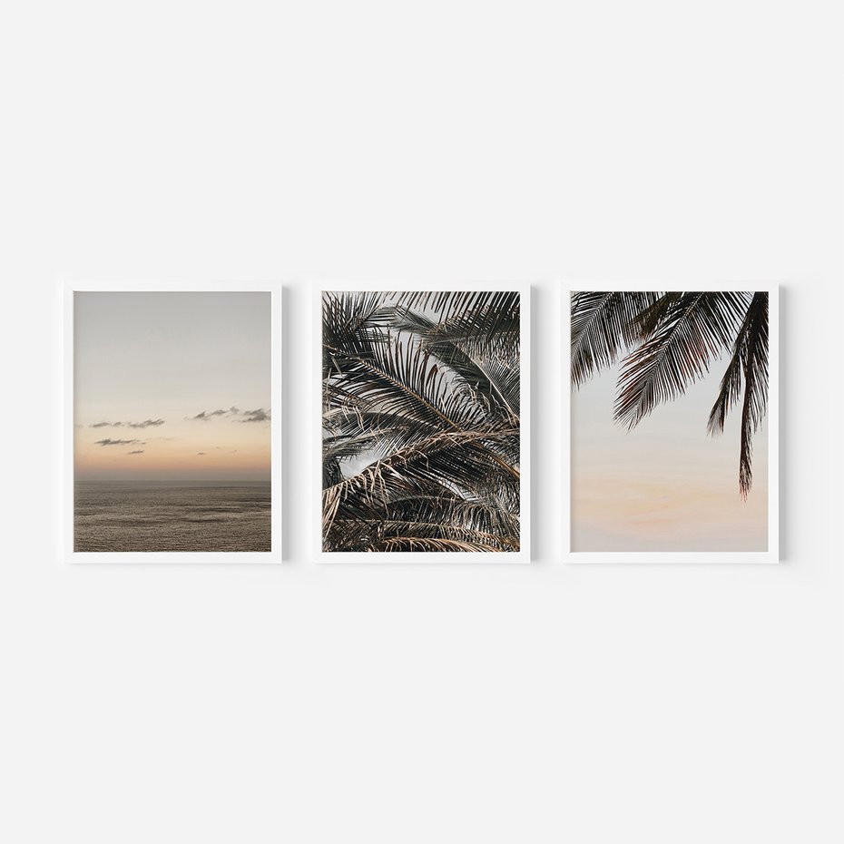 Zestaw obrazy w ramie 30x40 galeria - Palmy, plaża, zachód, słońca - rama biała