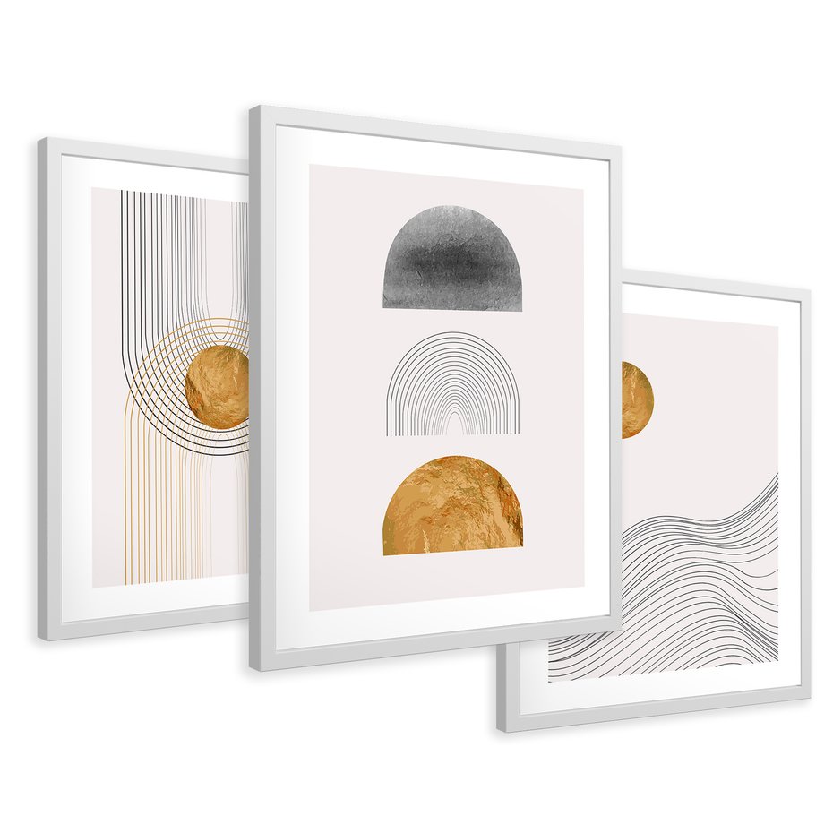 Zestaw obrazy w ramie 40x50 galeria - Minimalizm, japońskie, kształty, złoto - rama biała