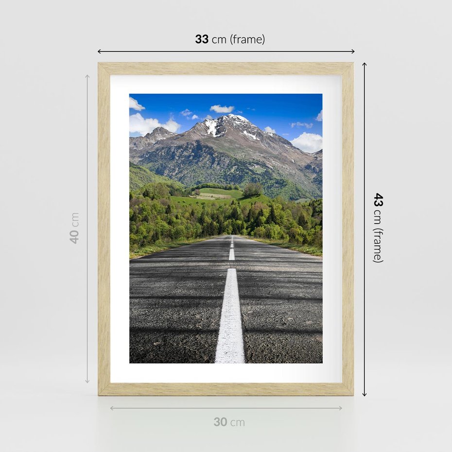 Plakat w ramie 30x40 - Droga przez góry: podróż do przygody - droga, góry - rama drewno