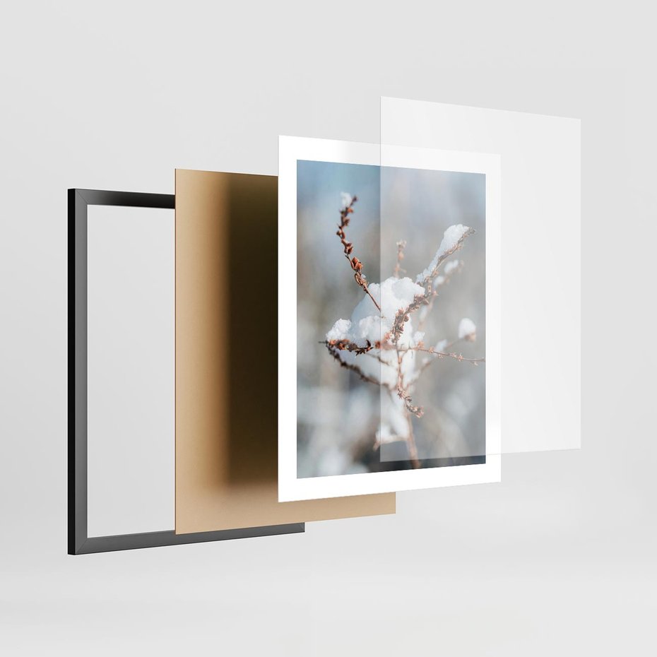 Plakat w ramie 40x50 - Zimowy Urok Natury - gałązki pod śniegiem, natura - rama czarna