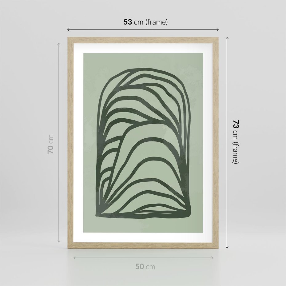 Plakat w ramie 50x70 - Zielonkawy Uścisk Natury - abstrakcyjny zielony motyw, skandynawski design - rama drewno