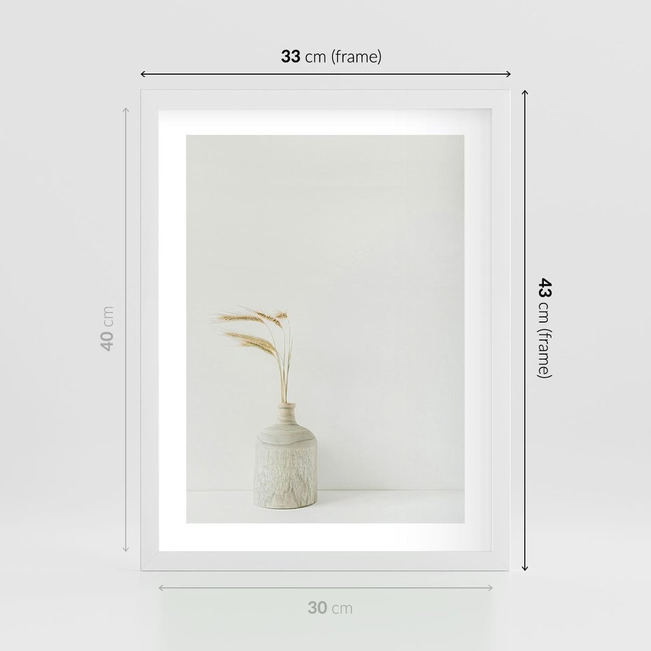 Plakat w ramie 30x40 - Sztuka Prostoty - minimalistyczny wazon, źdźbła traw - rama biała