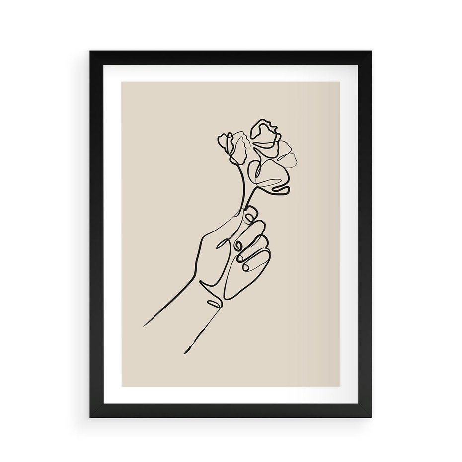 Plakat w ramie 50x70 - Szkic Kwiatu - kwiat w dłoni, szkic - rama czarna
