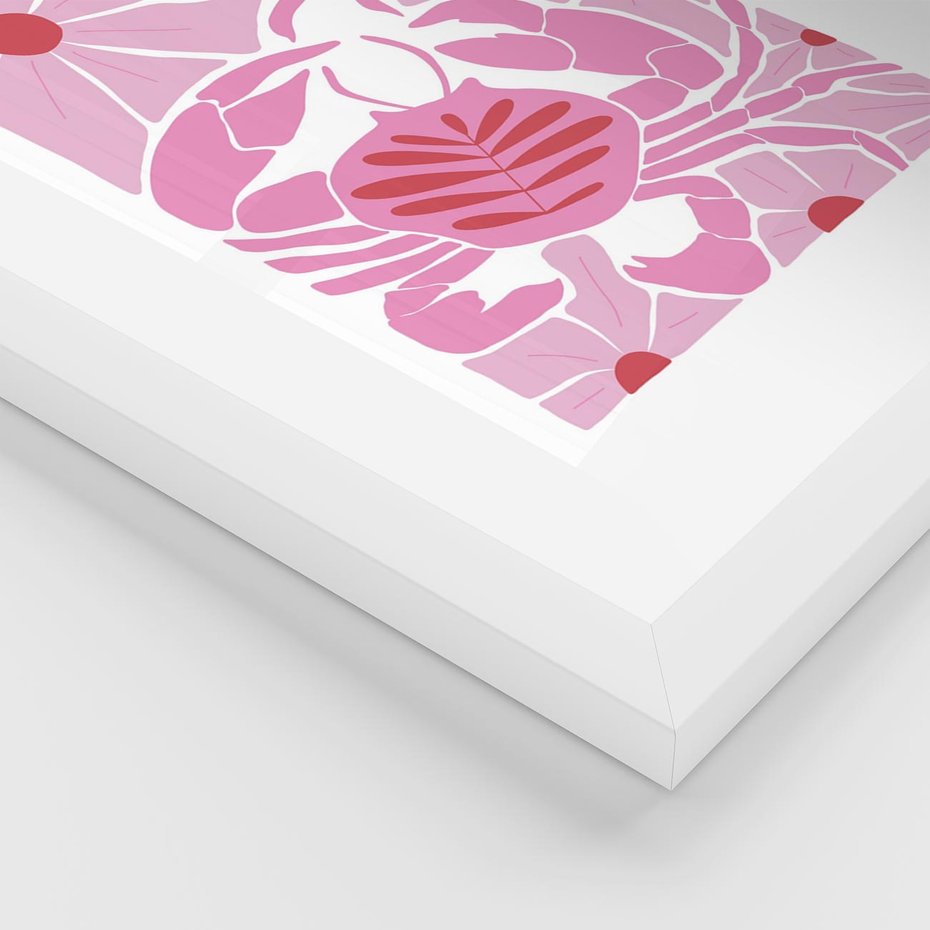 Plakat w ramie 50x70 - Roztańczone Kraby - różowe kwiaty i kraby, abstrakcyjna kompozycja - rama biała