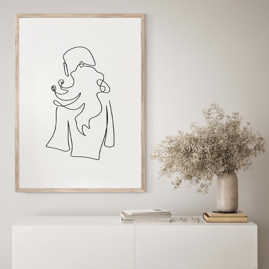 Plakat w ramie 50x70 - Zaklęte Linie - szkic kobiety, jedną linia - rama drewno