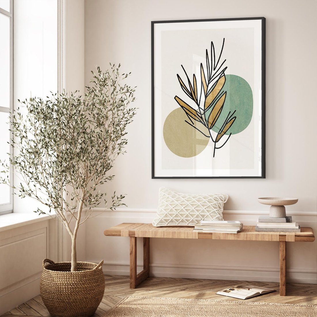 Plakat w ramie 50x70 - Migocące Ścieżki Wizji - abstrakcyjny obraz boho, liście - rama czarna