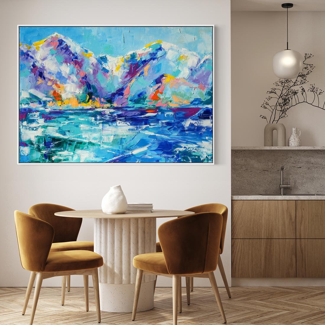 Obraz w ramie 70x50 - Mistyka Górskich Marzeń - abstrakcja, pejzaż gór - rama biała