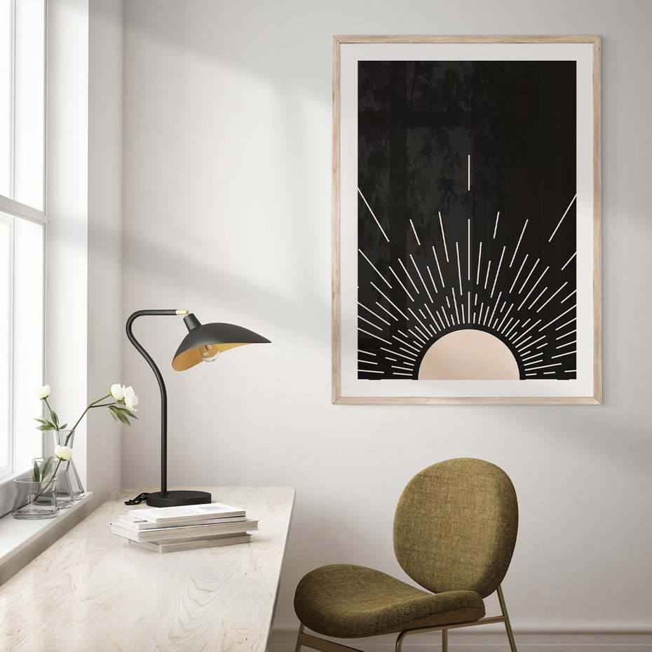 Plakat w ramie 30x40 - Słoneczny Portret Duszy - boho czarne słońce, nowoczesna grafika - rama drewno