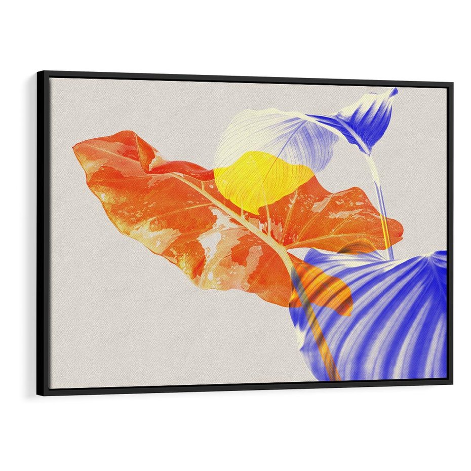 Obraz w ramie 70x50 - Energetyczne Indygo - retro, tropikalne liście - rama czarna
