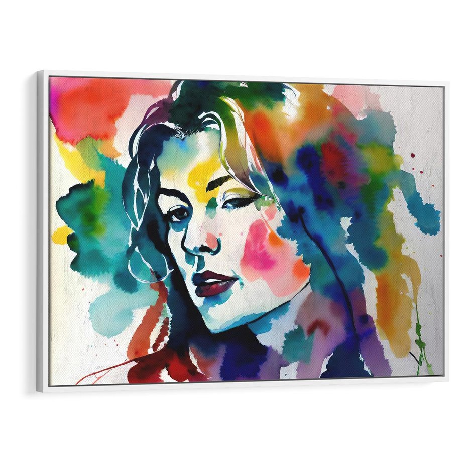 Obraz w ramie 70x50 - Abstrakcyjna ekstaza barw - abstrakcyjny portret kobiety, szkic czarną kreską - rama biała