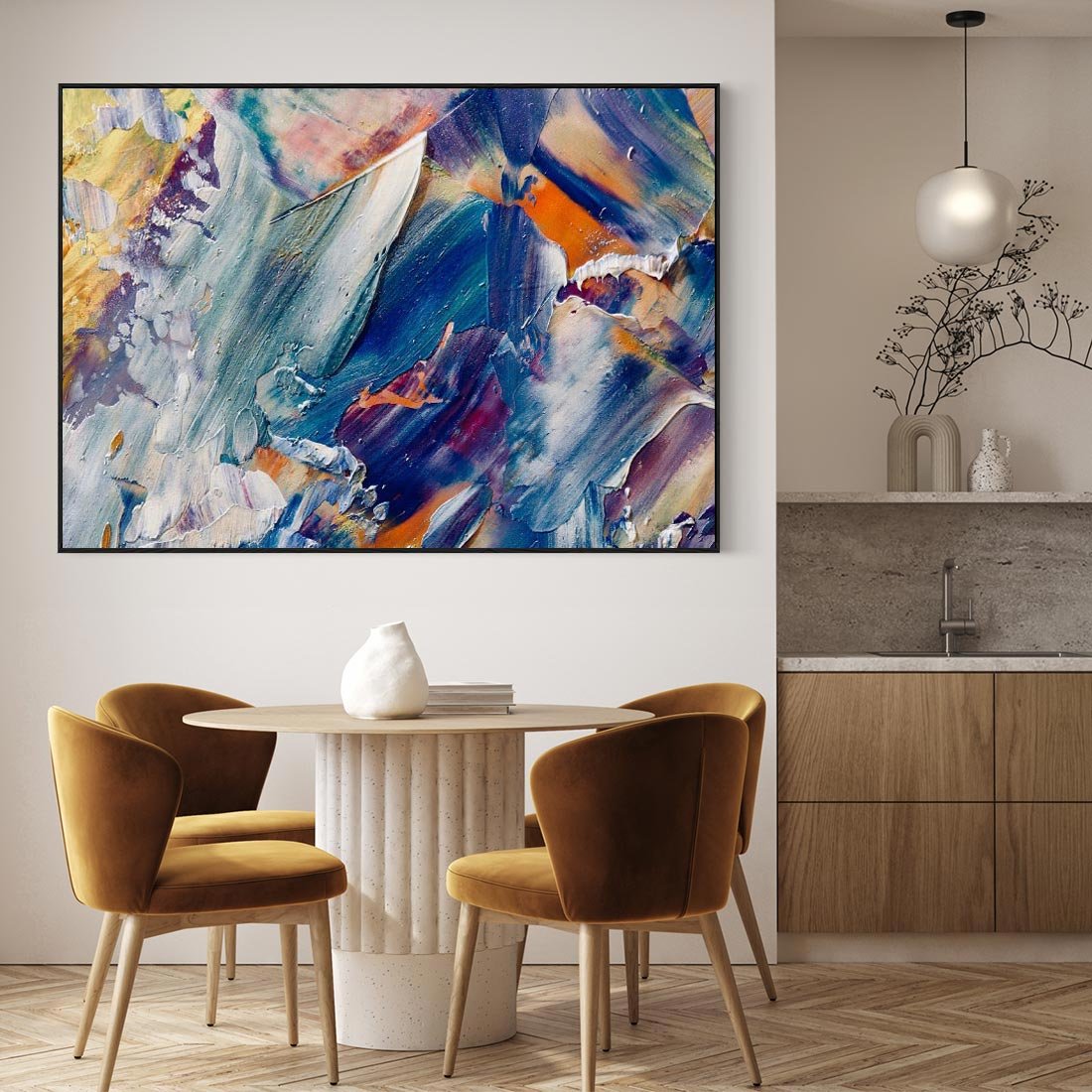 Obraz w ramie 100x70 - Rytmy ukrytych pragnień - chaos i abstrakcja, plamy koloru - rama czarna