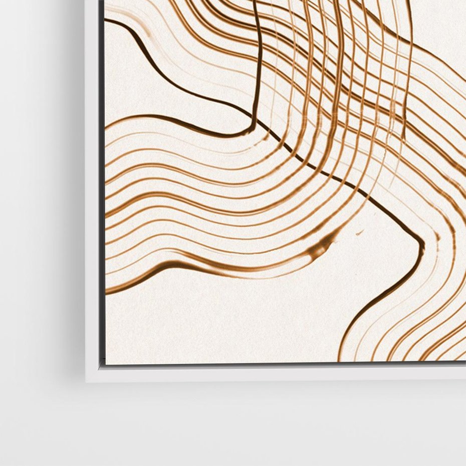 Obraz w ramie 70x50 - Ścieżki pędzla i myśli - minimalistyczna kompozycja, abstrakcyjne brązowe linie na białym tle - rama biała
