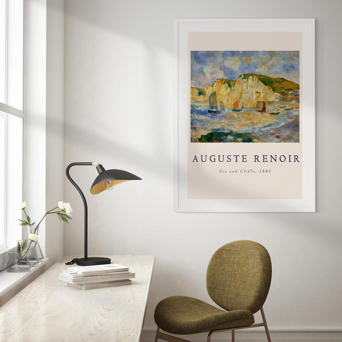 Plakat w ramie 40x50 - Plakat z Reprodukcją A. Renoira - Auguste Renoir, Morze i klify - rama biała