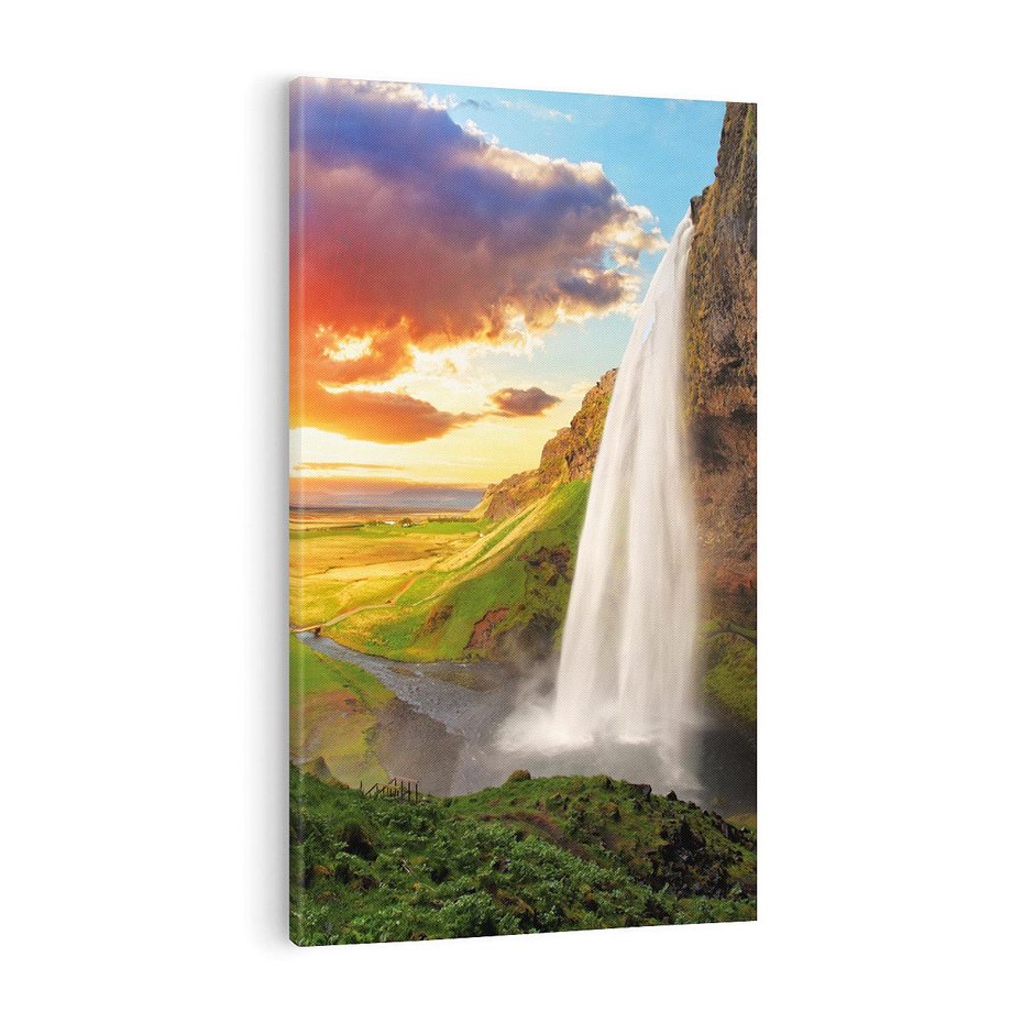 Obraz na płótnie 70x100 - Zachód słońca nad islandzkim wodospadem - Islandia, wodospad