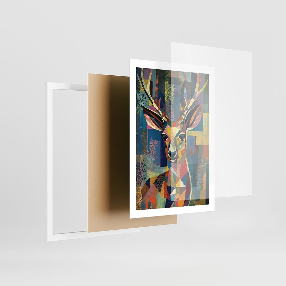 Plakat w ramie 50x70 - Bezgraniczne Kontury Zaskoczenia - abstrakcyjny obraz olejny, jeleń - rama biała