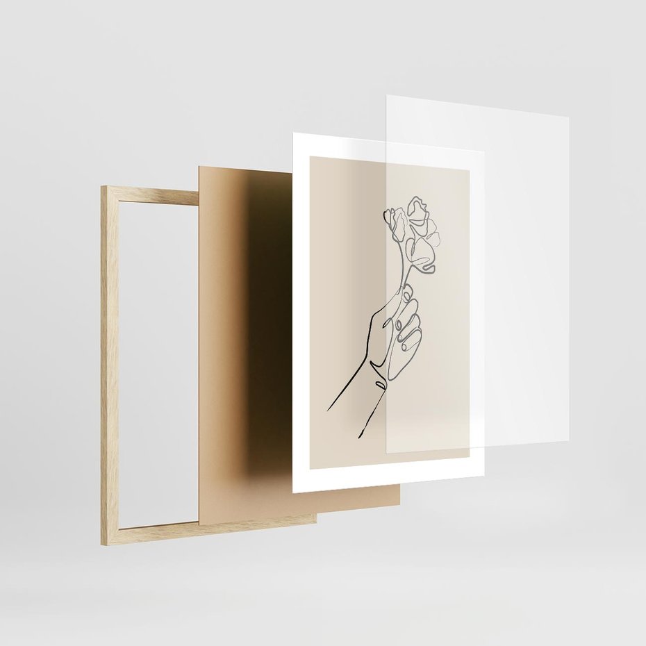 Plakat w ramie 30x40 - Szkic Kwiatu - kwiat w dłoni, szkic - rama drewno