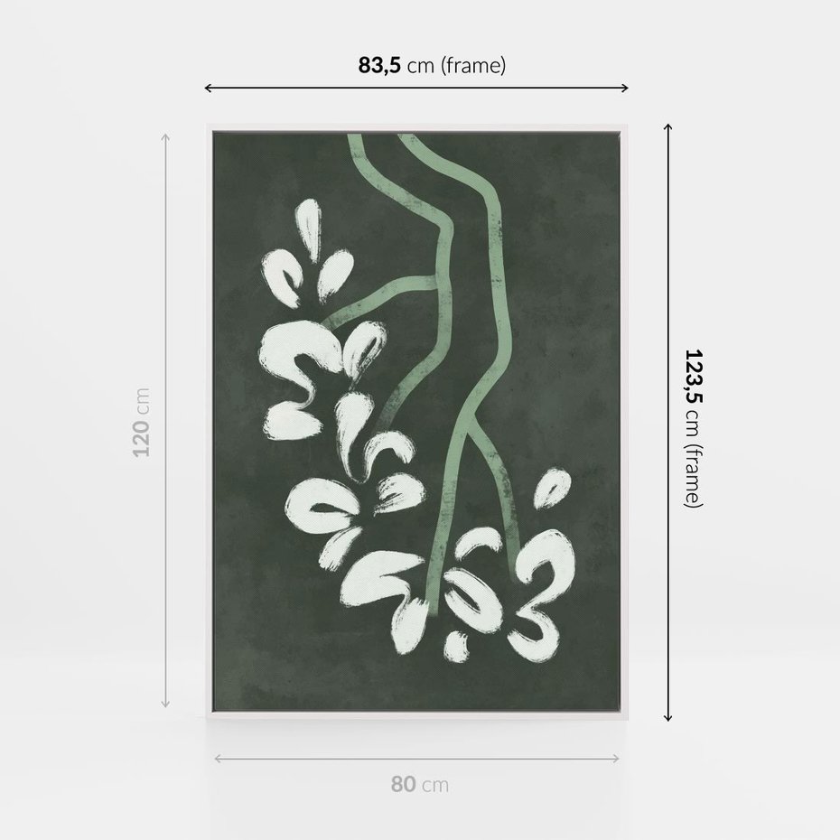 Obraz w ramie 80x120 - Rozkwitające Zielone Gałęzie - abstrakcyjne delikatne zielone linie, podobne do gałęzi kwiatów - rama biała