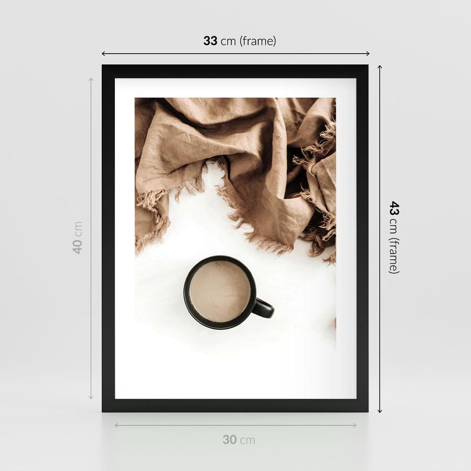 Plakat w ramie 30x40 - Kompozycja z Brązowym Kocem i Czarną Kawą - kompozycja, brązowy koc - rama czarna