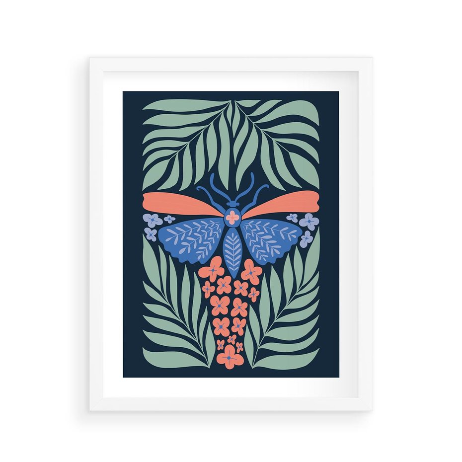 Plakat w ramie 40x50 - Granatowa Noc - granatowe tło, abstrajcyjna ćma - rama biała