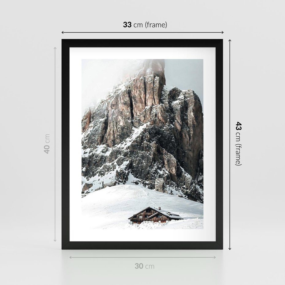 Plakat w ramie 30x40 - Górski Raj z Chatką - górskie szczyty, ośnieżone góry - rama czarna