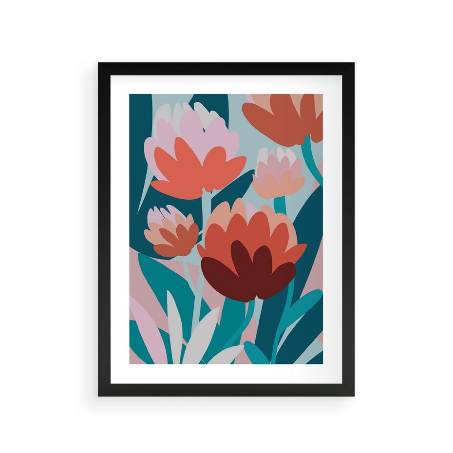 Plakat w ramie 30x40 - Symfonia Kwiatów - abstrakcyjna kompozycja kwiatowych form, kolor zgaszone - rama czarna