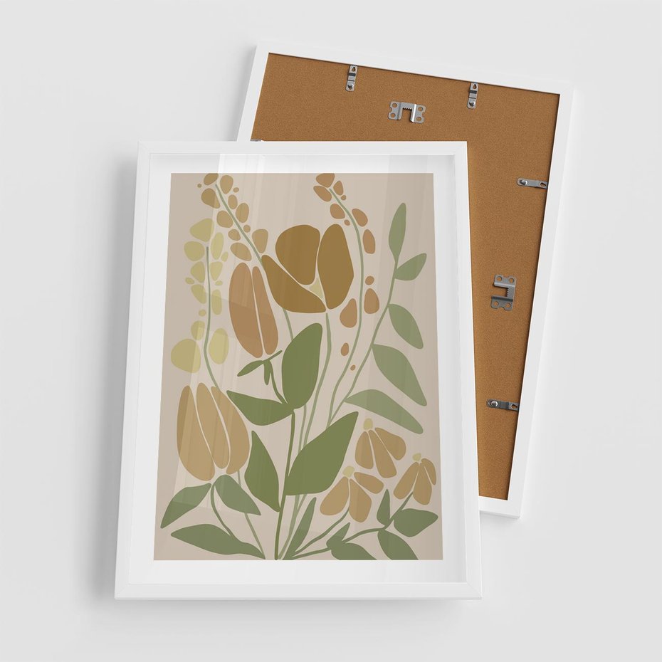 Plakat w ramie 50x70 - Beżowo i Roślinnie - nowoczesny plakat, roślinność - rama biała