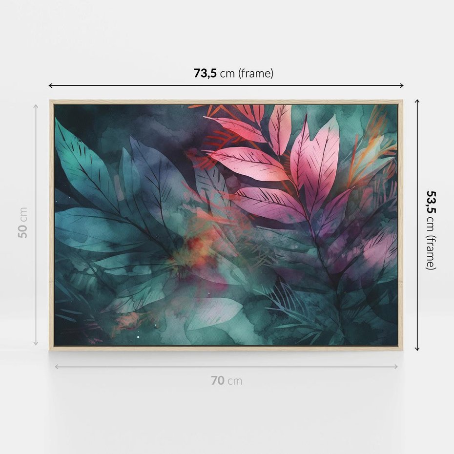Obraz w ramie 70x50 - Subtelne Zielone - pastelowe zielone liście, róż - rama drewno