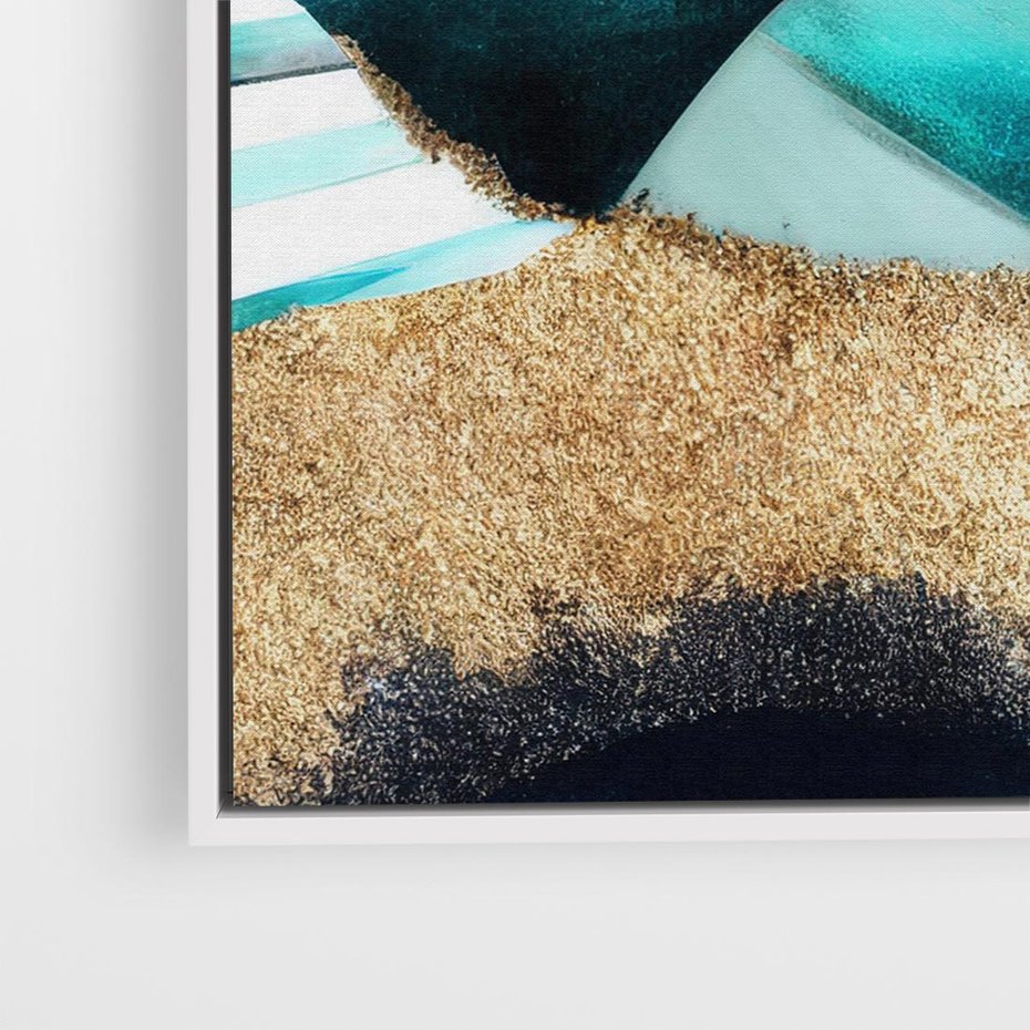 Obraz w ramie 80x80 - Rozlane Turkusy - Turkusowe plamy, złote elementy - rama biała