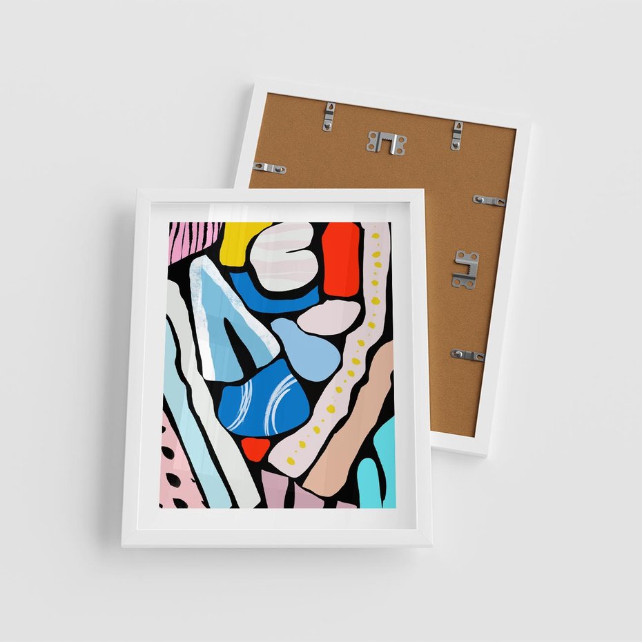 Plakat w ramie 40x50 - Kolory Na Czerni - abstrakcyjne formy, komiksowy styl - rama biała