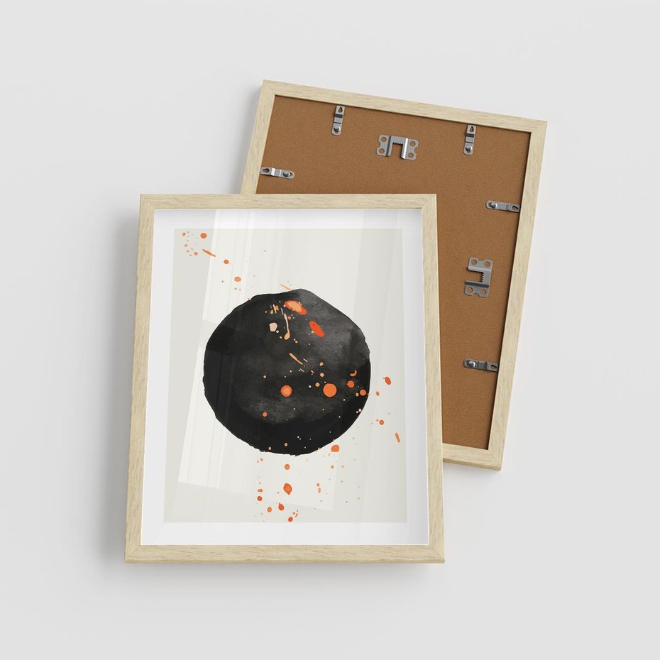 Plakat w ramie 40x50 - Wnętrza Marzeń - abstrakcyjna czarna plama, rozsiane pomarańczowe kropki - rama drewno