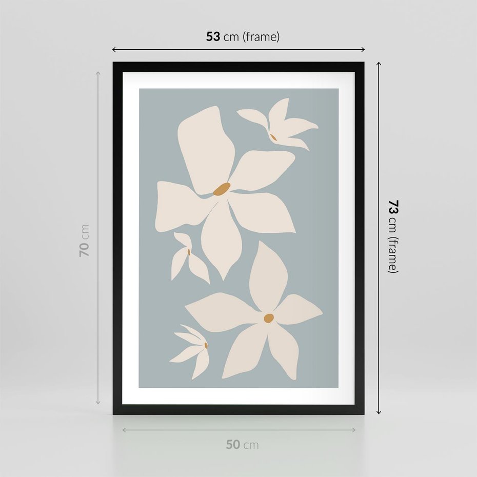 Plakat w ramie 50x70 - Błękit Kwiatów - kwiaty, nowoczesne i minimalistyczne - rama czarna