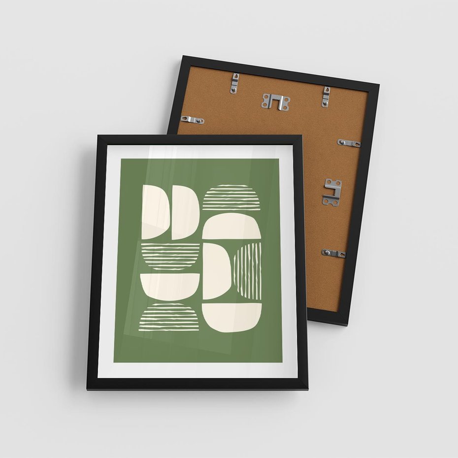 Plakat w ramie 40x50 - Migotliwe Formy - geometryczne boho kształty na brązowym, oliwkowym tle - rama czarna