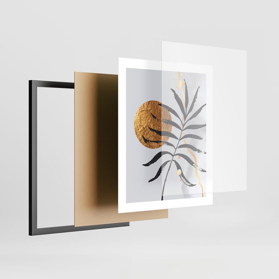 Plakat w ramie 40x50 - Grafika z Czarnym Liściem Palmy - czarny liść palmy, złóte kołó - rama czarna