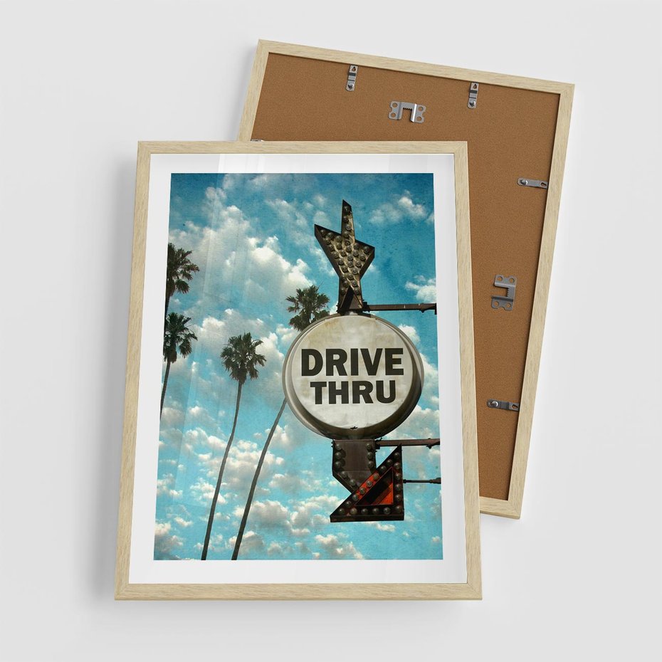 Plakat w ramie 50x70 - Znaki Palm: Relaksująca Oaza - znak, palmy - rama drewno