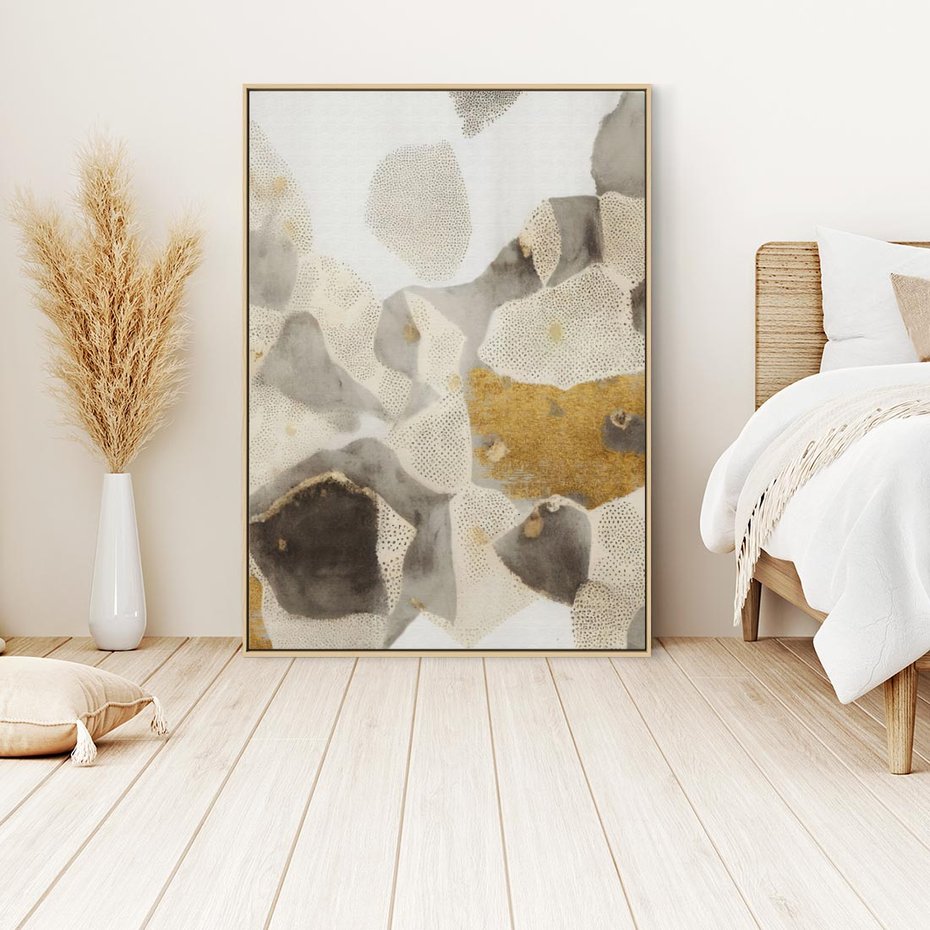 Obraz w ramie 50x70 - Nowoczesne Złoto i Szarość - plamy, złoto - rama drewno