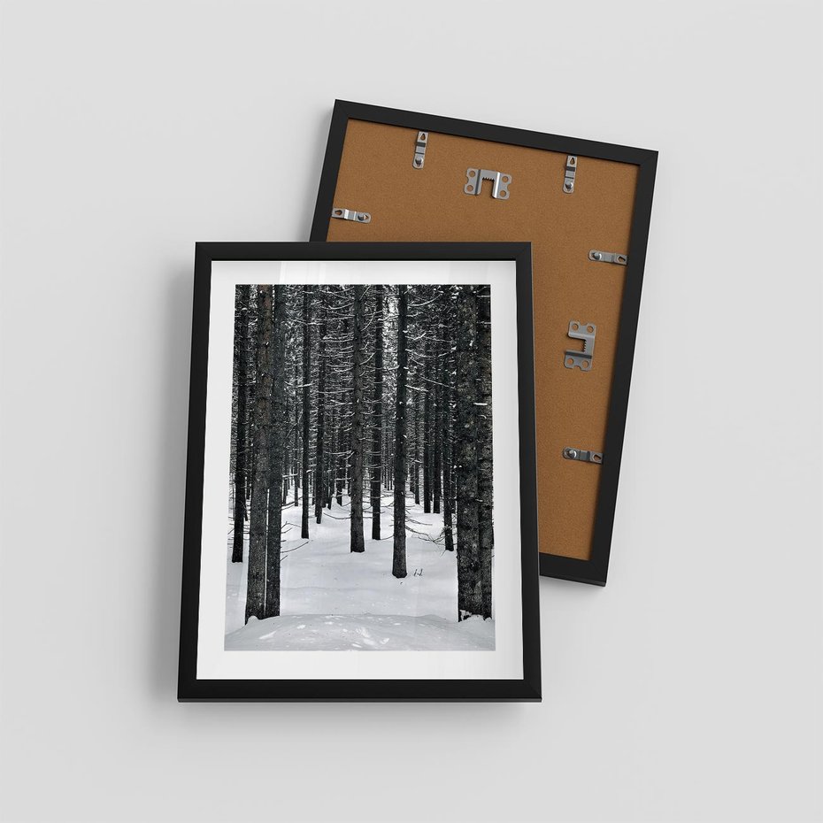 Plakat w ramie 30x40 - Zimowe Drzewa: Śnieg na Pniach - drzew w zimi, pnie drzew - rama czarna