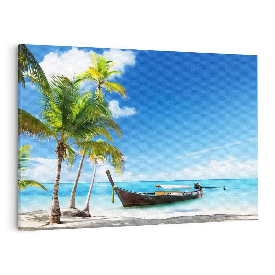 Obraz na płótnie 70x50 - Sielska plaża z łodzią na morzu - plaża, morze