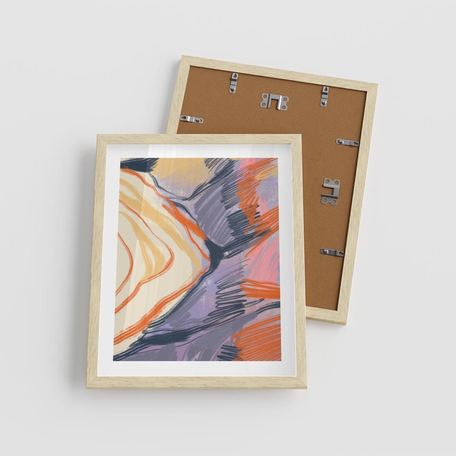 Plakat w ramie 40x50 - Pokreślony Świat - abstrakcyjne formy, odcienie pomarańczu i fioletu - rama drewno