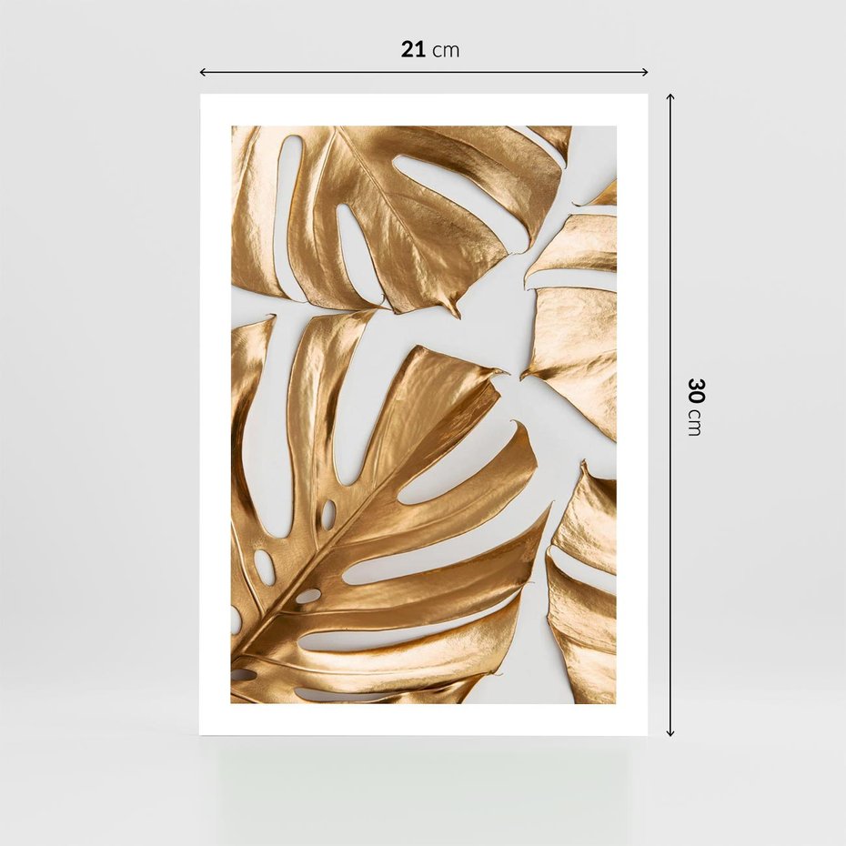 Plakat bez ramy 21x30 - Złote Akcenty w Fotografii - złotel liście monstery, na białym tle