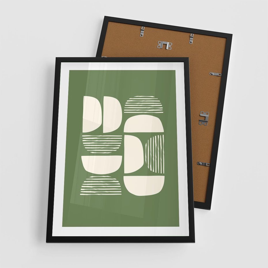 Plakat w ramie 50x70 - Migotliwe Formy - geometryczne boho kształty na brązowym, oliwkowym tle - rama czarna