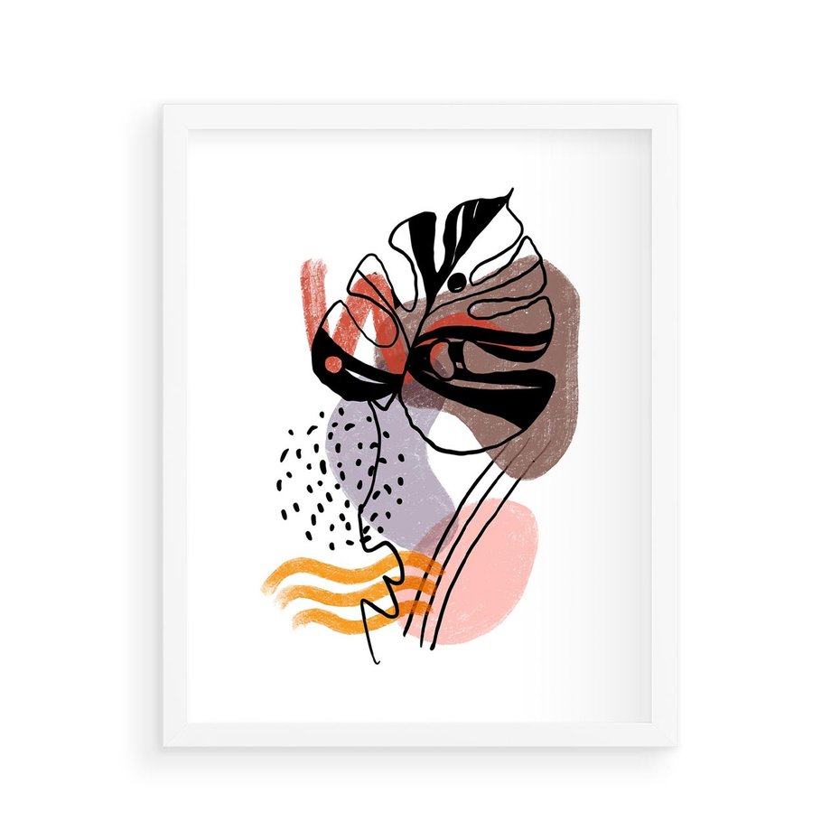 Plakat w ramie 40x50 - Wibracje Abstrakcyjnych Form - abstrakcyjna sztuka, liść monstery - rama biała